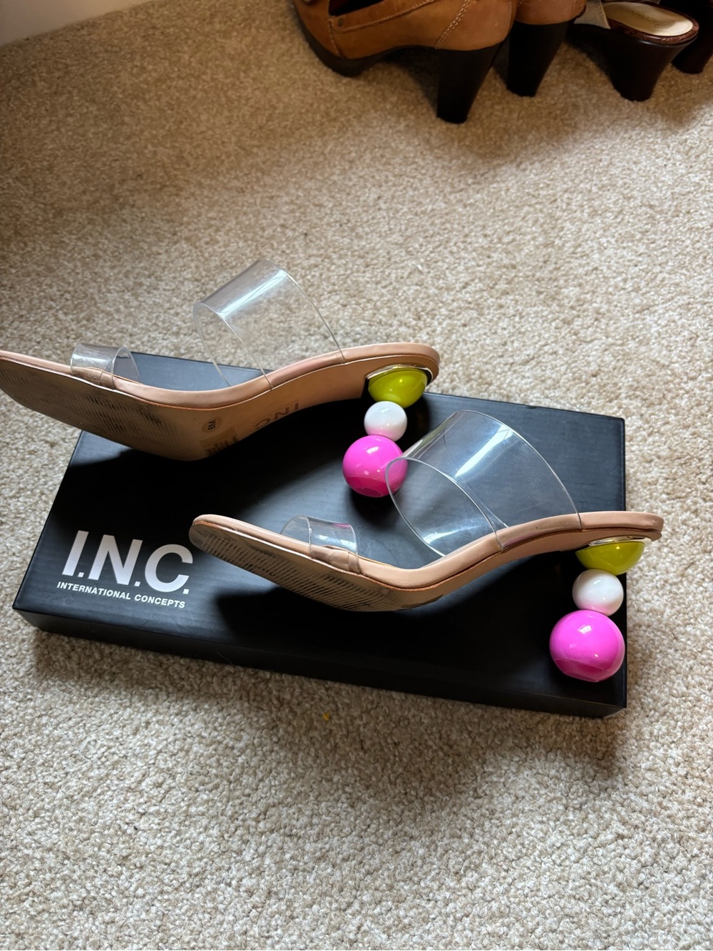 INC International Concepts Nude Slide Heels with Pink, White and Lime Accents